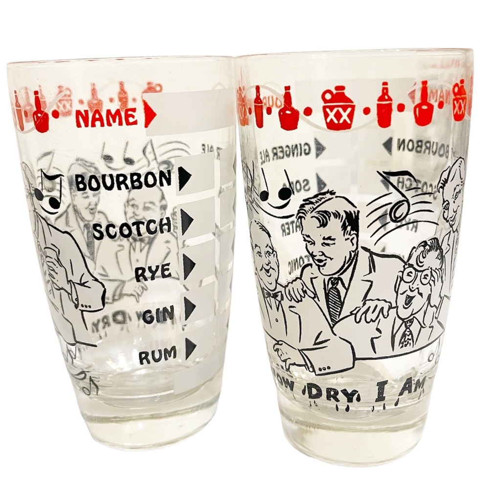 Vintage 50's Cocktail Bar Glasses, Illustrated Tumblers/Cups, Set of 8